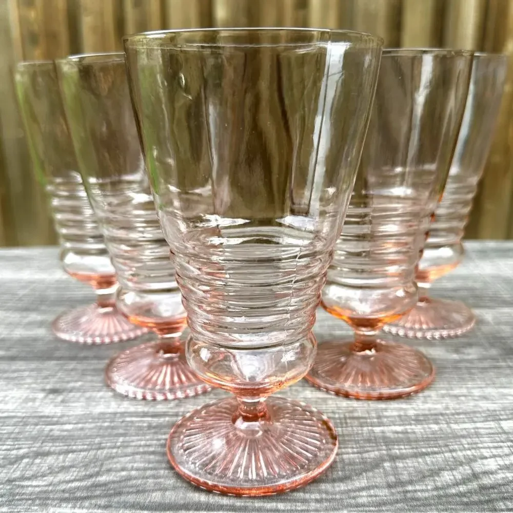 1930's-40's Vintage Pink Depression Glass Footed Soda Fountain Tumblers Set of 5